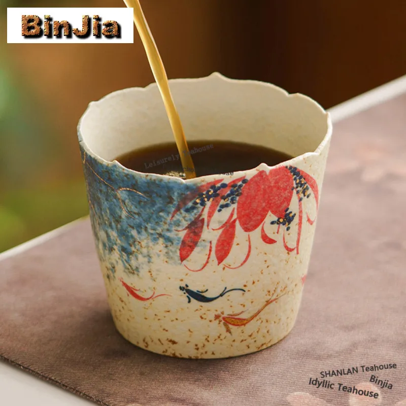 251ml Hand Painted Lotus Koi Teacup Retro Tea Bowl Beautiful Tea Cup Tea-tasting Smelling Cup Jianzhan Master Cups Puer Teaset