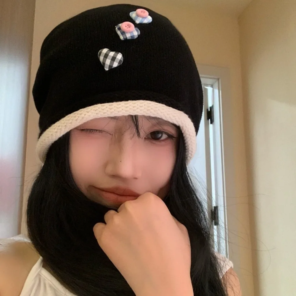

Retro Vintage Y2k Baggy Cap Heart Button Curl Brim Knitted Beanies Cap Versatile Loose Pullover Hats Spicy Girls