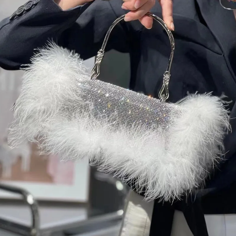 

Luxury Ostrich Hair Diamond Clutches Handbags For Women Prom Party Handle Clutch Purses Wedding Evening Bag Chain Shoulder Bag