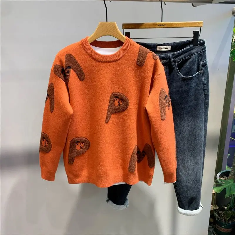 2025 New Autumn and Winter Letter Printed Pullover Knitted Sweater Fashionable Slim Warm Inner Top Men's Clothing Sweater