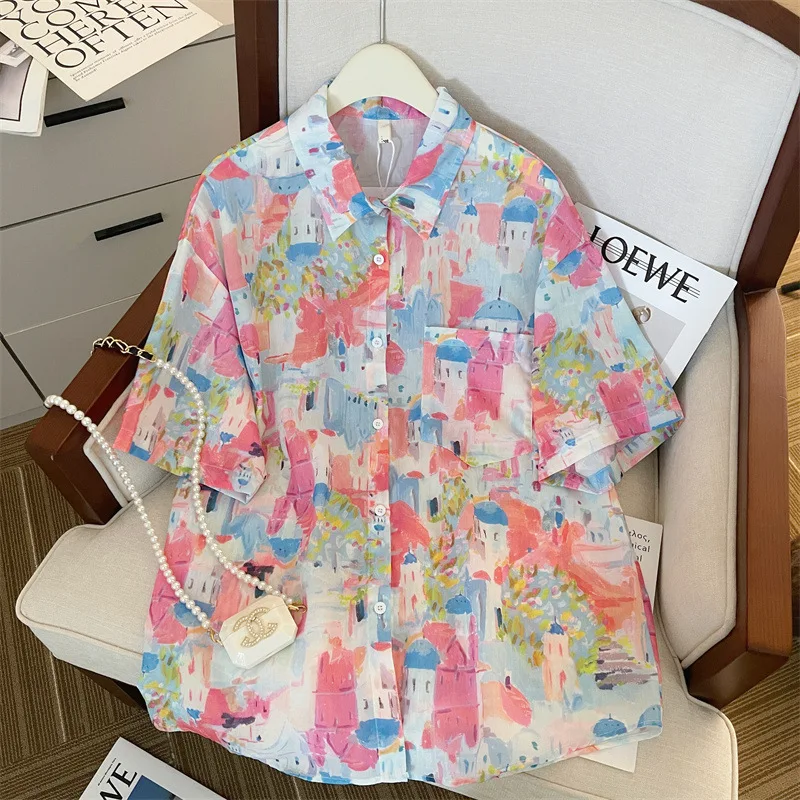 

Summer New POLO Collar Fashion Floral Printing Shirt Women High Street Casual Loose Button Half Sleeve Cardigan Pure Cotton Tops