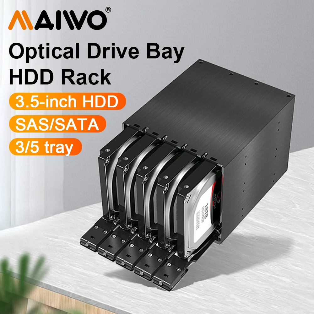 

MAIWO 3.5 Inch SAS/SATA HDD Case Optical Drive Hard Disk Enclosure 5.25 To 3.5 Inch Extraction Tray 3/5 Bay Desktop Computer Box