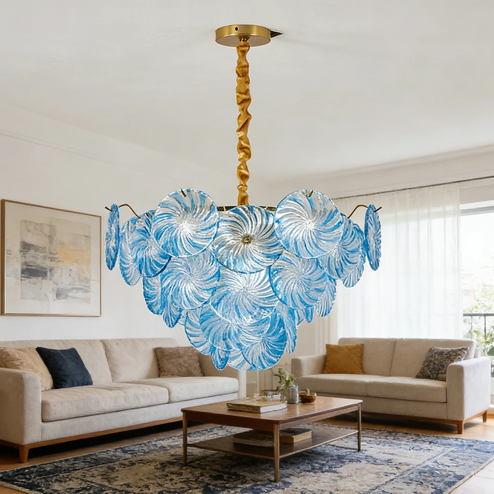 Round Blue Murano Glass Chandelier Vintage French Multi Tier Hanging Lamp For Living Room Dining Table Loft E14 Lighting Fixture