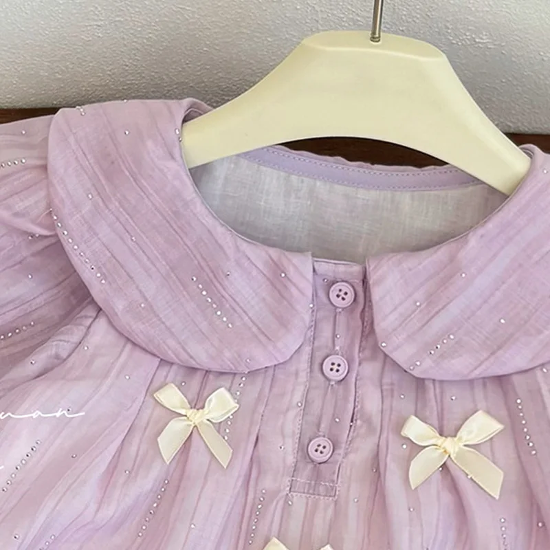 New Summer Girls Dress Children Purple Glitter Bow Gown Kids Casual Trendy Sleeveless Gown Princess Blingbling Fashion Clothing