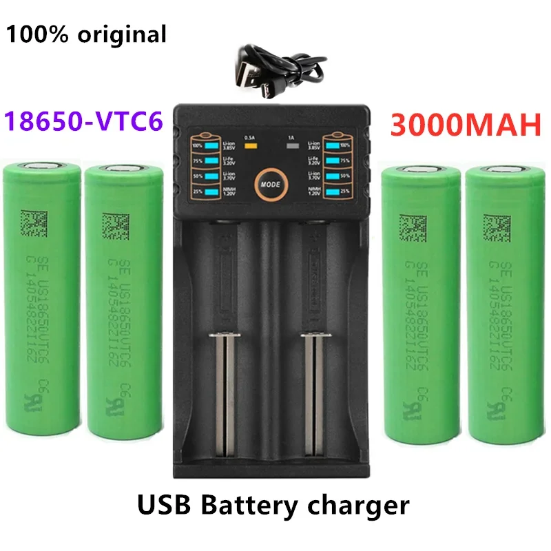 Batterie lithium-ion 100% pour SONY, 3.7V, 3000 mAh, 18650 V, 3000 mah, US18650, vtc6, 18650 mAh, avec 1 chargeur USB, nouveauté