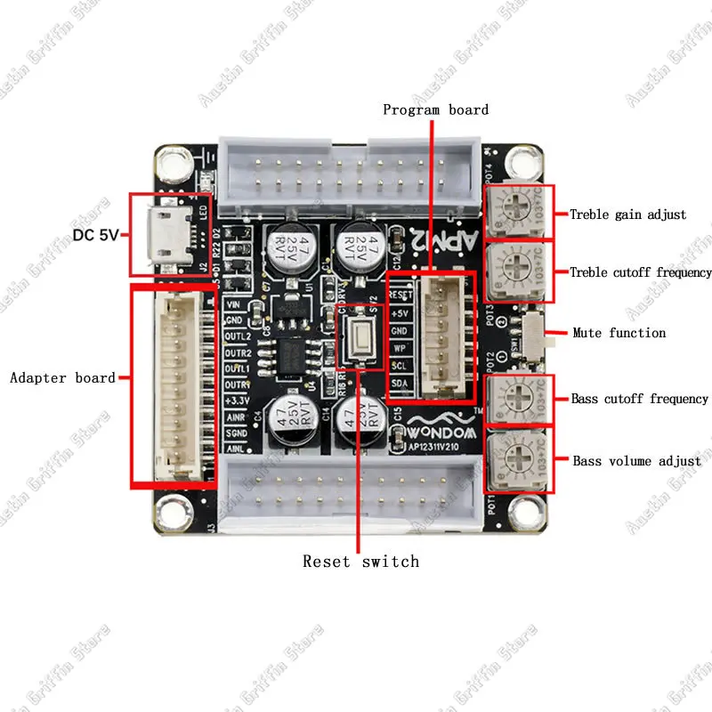 ADAU1701 2.1 DSP Audio Processor Pre-tone Adjustment Volume Control Board Electronic Bi-frequency