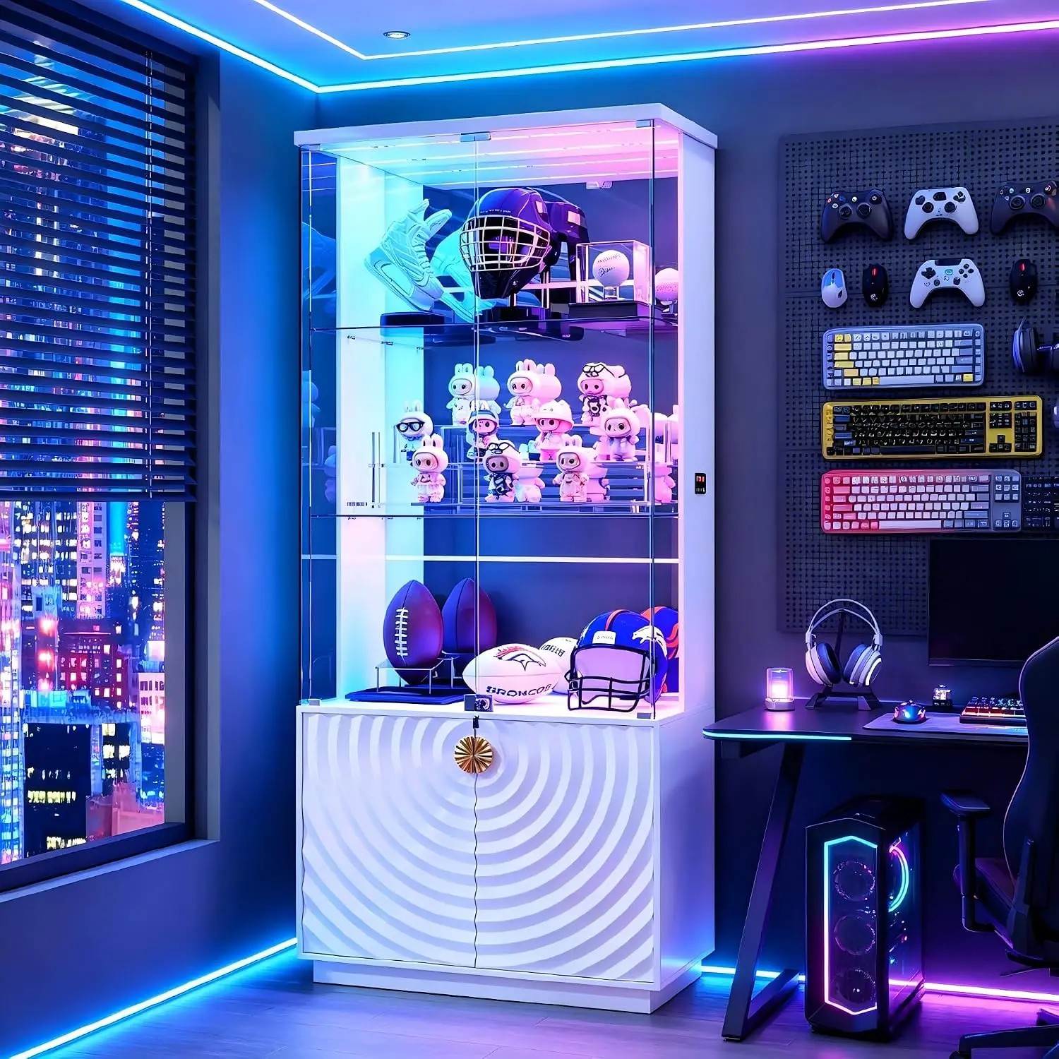 4-Tier Shelves, RGB Color Lights, Human Body Sensor, For Collectibles, Toys & Gaming Room