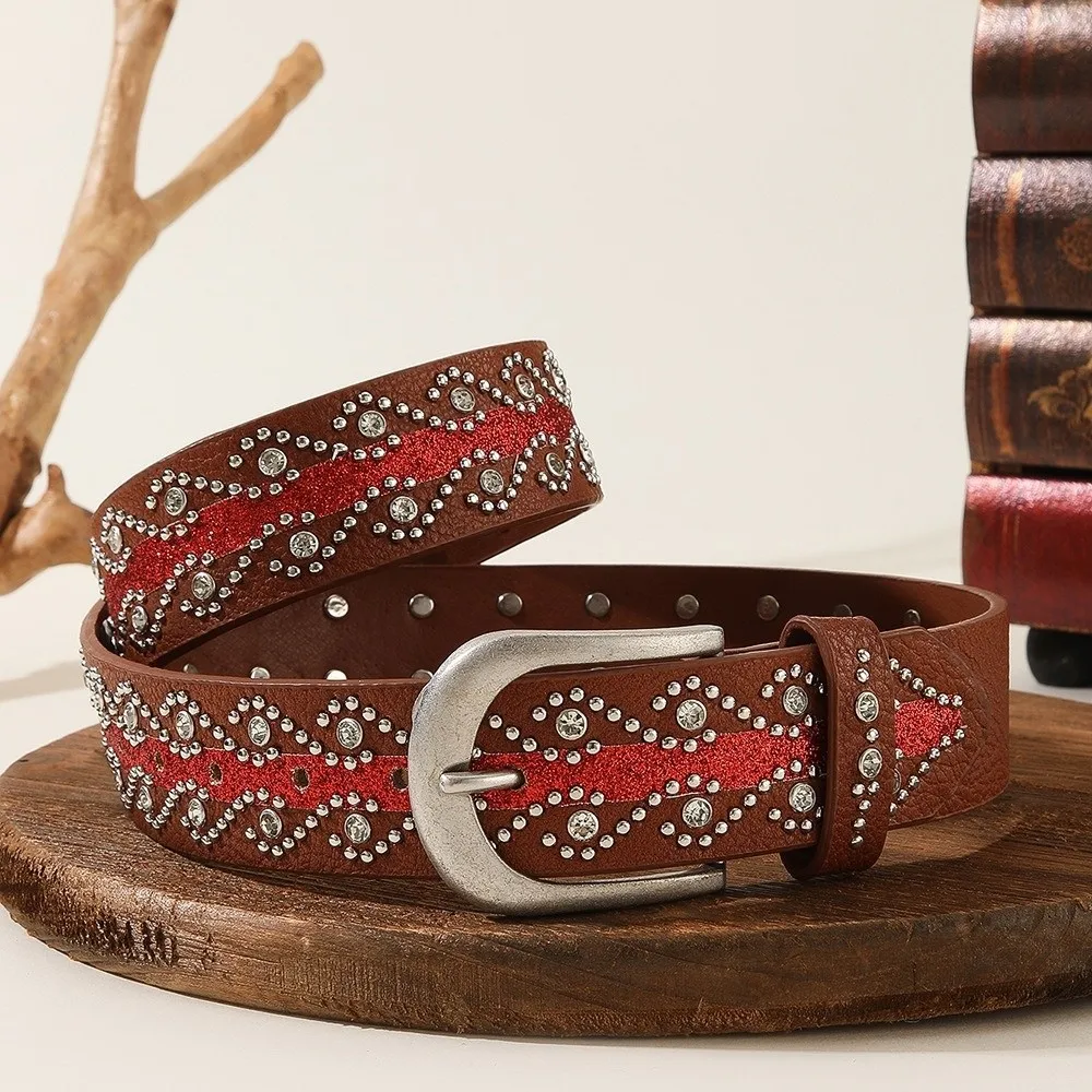 Contrast Color Y2K Punk Belt Eye Catching Gothic Vibe Western Studded Belt Texture Adjustable Length Rhinestone Waistband