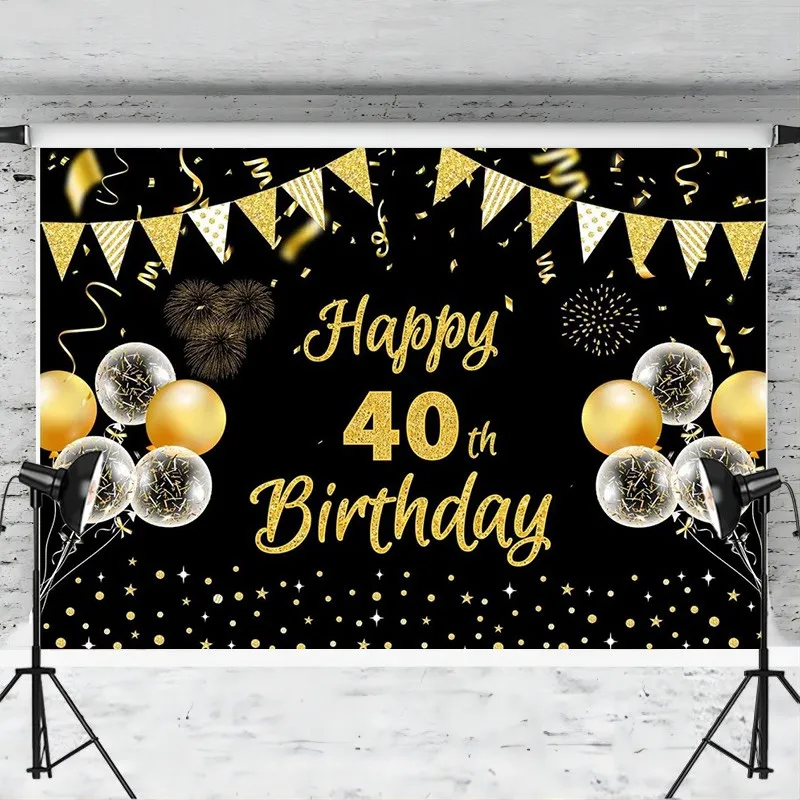 Black Gold Happy 40th Birthday Backdrop Banner  Decoration for Women Supplies 40 Years Photography Background Photo Booth Props