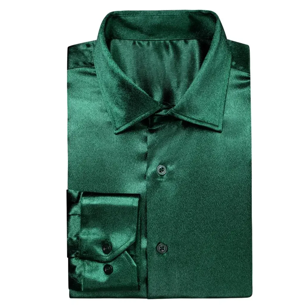 Camisas masculinas de cetim de seda verde, colarinho de lapela, manga comprida sólida, vestido social, blusa macia, alta qualidade, masculino, tamanho grande