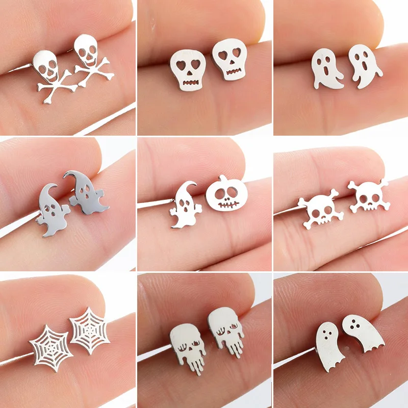 Punk Skull Halloween Earrings for Women Hip Hop Small Black Spider Web Stud Earring Stainless Steel Jewelry Child Funny Gift