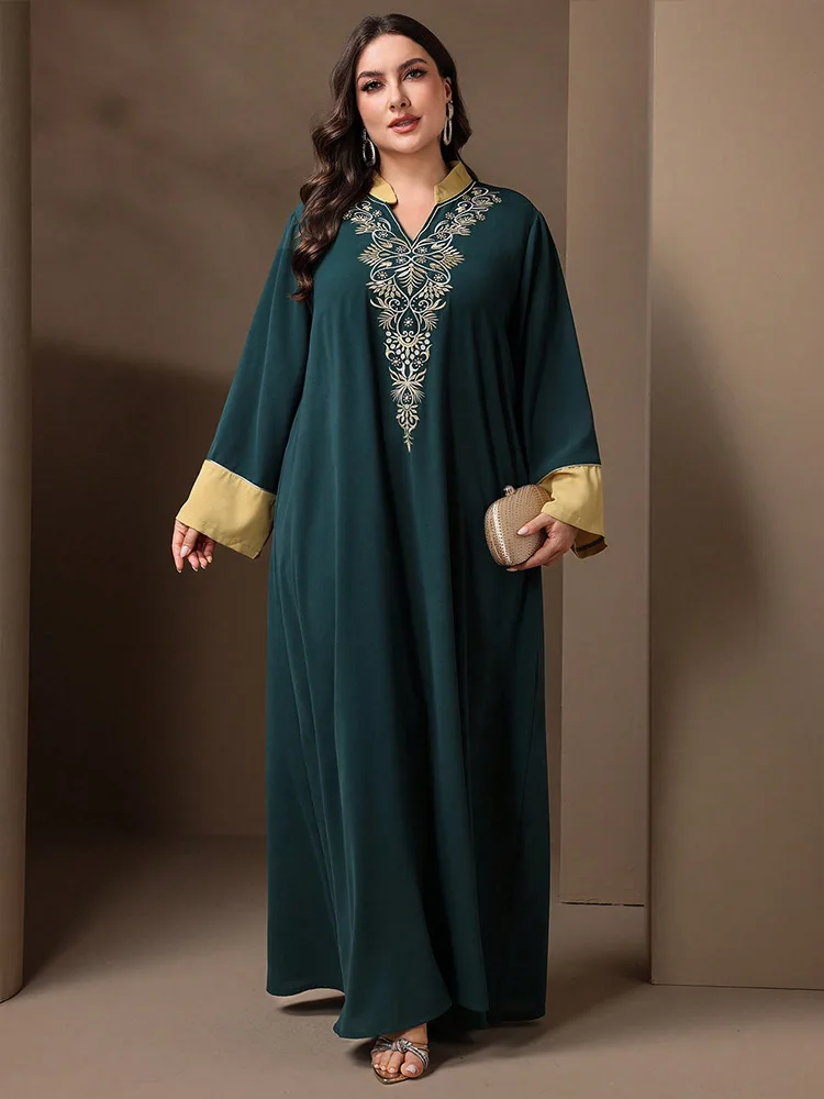 New Morocco Plus Size V-Neck Embroidery Long Sleeve Abaya Maxi Dress Turkey Kaftan Muslim Women Evening Musulmane Femme Vestidos