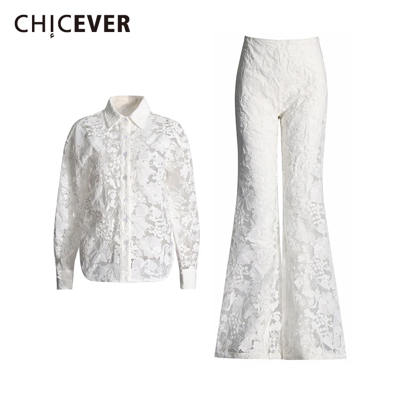 

CHICEVER Solid Spliced Embroidery Two Piece Set for Women Lapel Long Sleeve Tops High Waist Pants Elegant Sets Feamle Clothing
