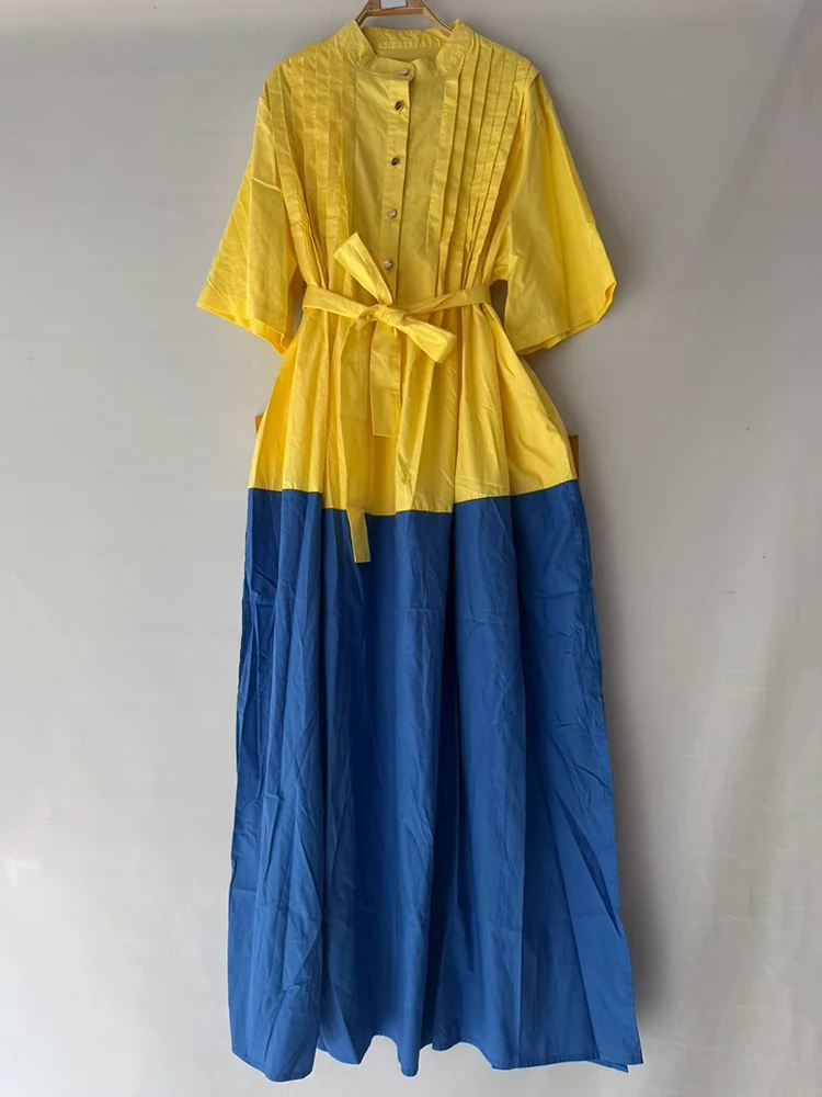 

Designer's retro color-block round-neck pleated lace-up cinched waist dress 2025 summer women's fashion loose puffy dress