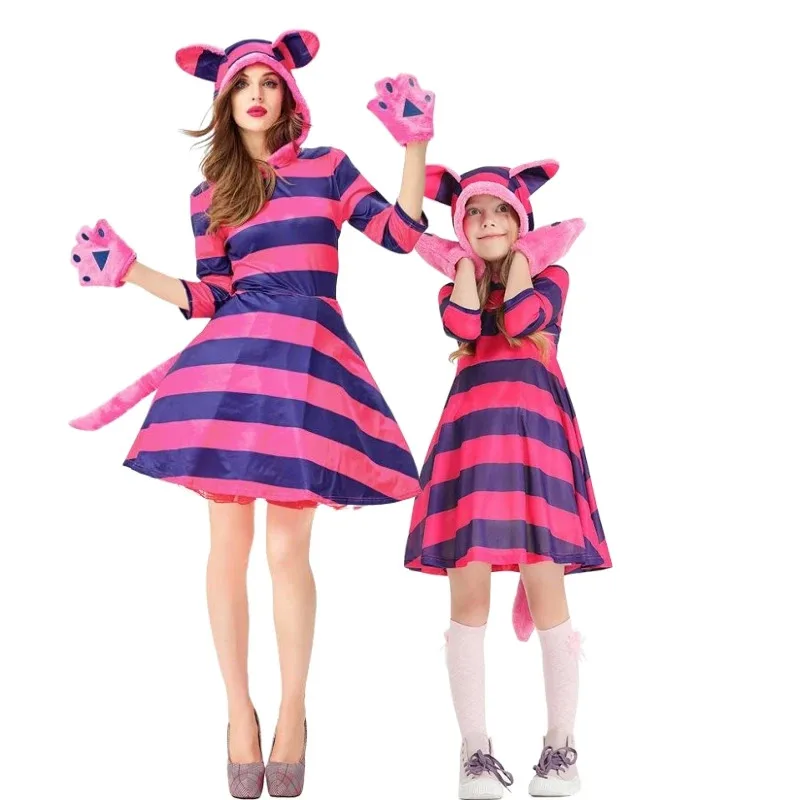 

Halloween Costume Purple Striped Cheshire Cat Cute Paw Role Play Adult Children Carnival Party Set Parent-child Costume Outfits