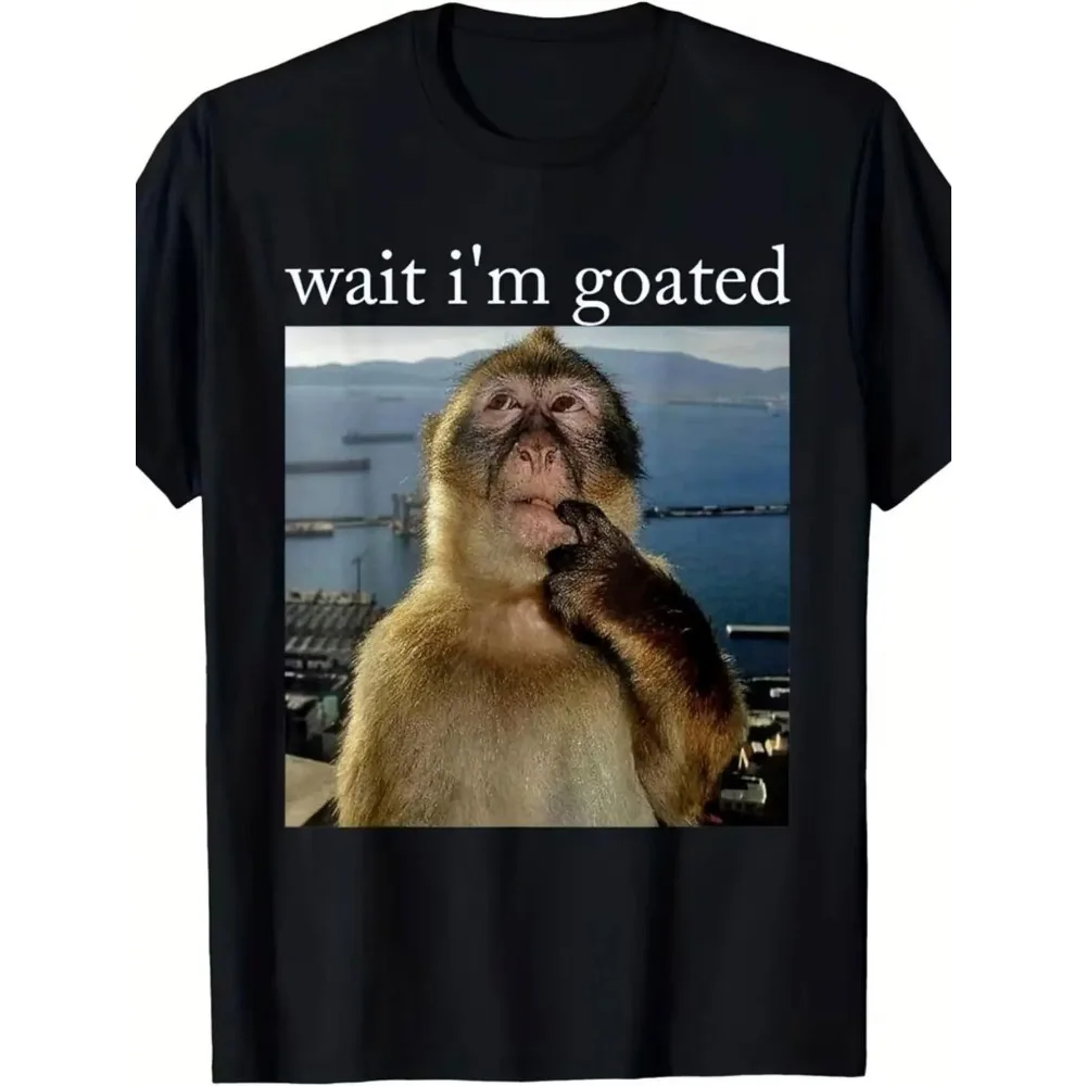 Funny Wait Im Goated Black T-Shirt with Thoughtful Monkey Design - Stylish Graphic Tee Featuring a Barbary Macaque in a Scenic Coastal Setting - Ideal Gift for Animal Lovers and Humor Enthusia, for Teenager