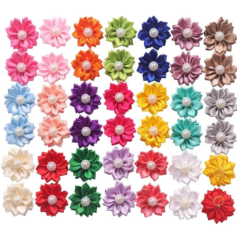 10 PS Color in random Dog Flower Bows, Bulk Pet Small Dog Hair Bows with Rubber Bands, Mix Handmade Tiny Dog Hair Grooming Bows