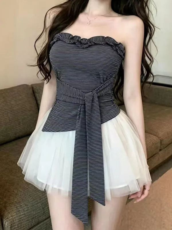 Gentle Wind Design Cross Strap Wrap Bustier Women's Short Style No Strap Bandage Slim Fit Leaf  Tube Top Summer Fashion