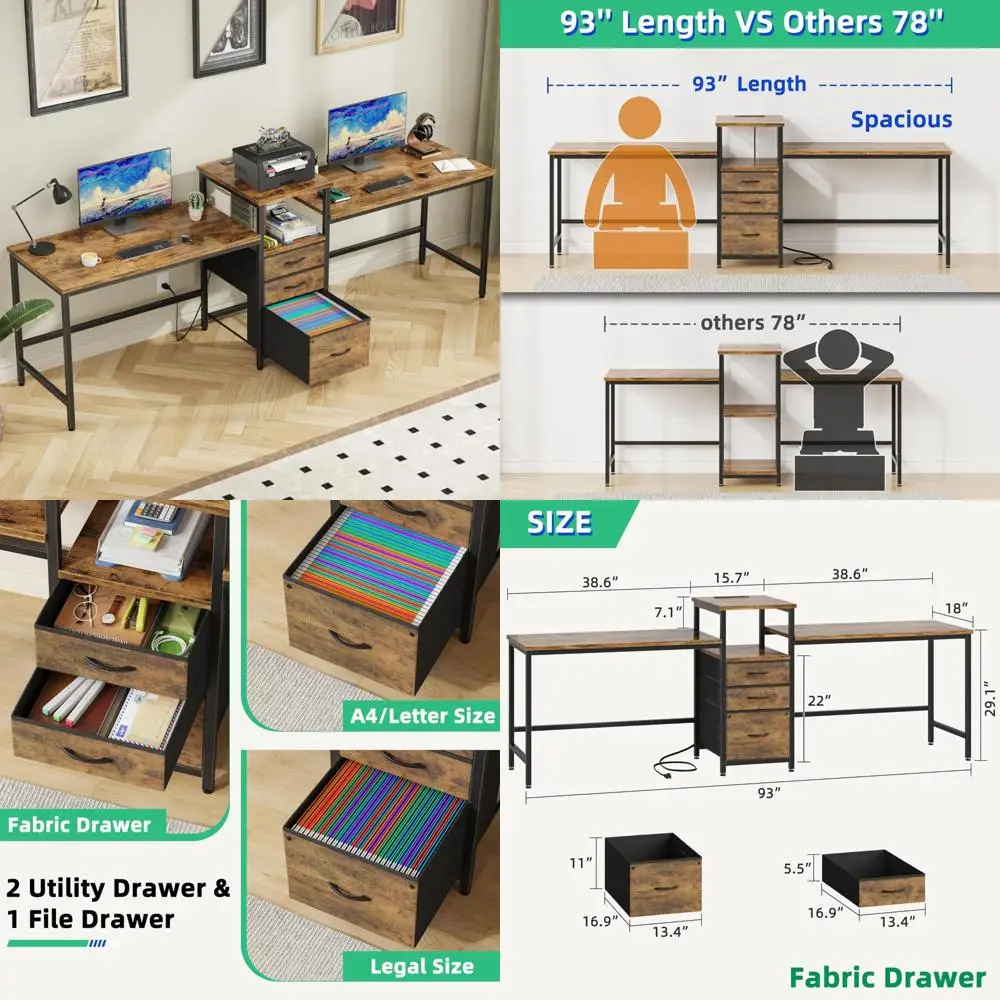 

93-Inch Two-Person Desk with Charging Station, Long Desk with 3 Fabric Drawers and Printer Shelf, Double Computer Desk for 2 Peo