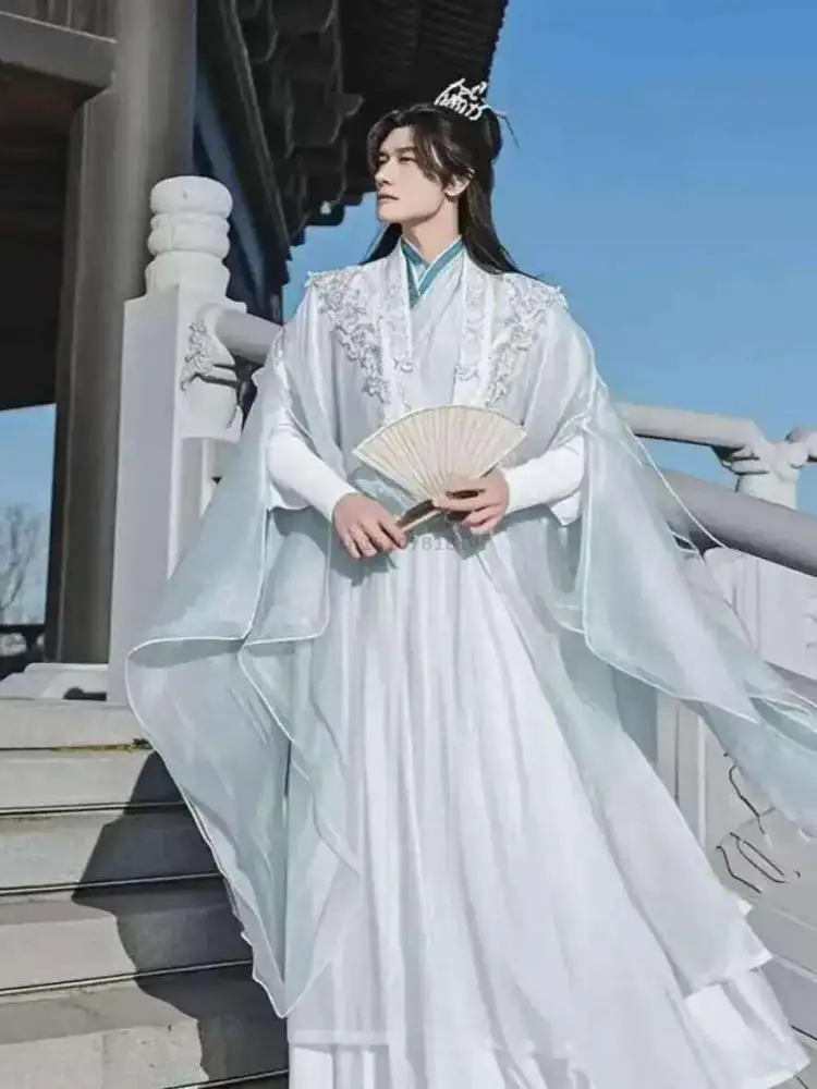 Traditional Chinese Hanfu Men Wuxia Xianxia Swordsman Cross Collar Wide Sleeve Embroidery Light Blue White Performance Long Gown