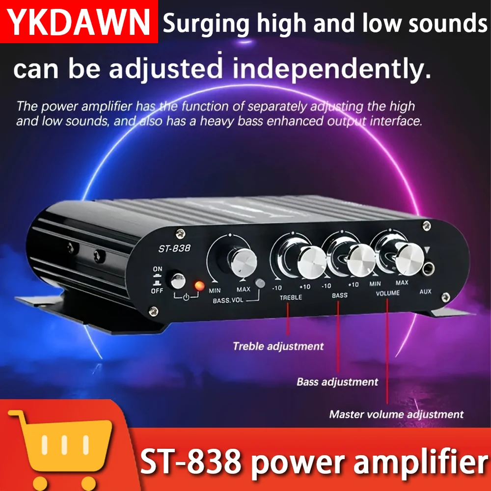 ST-838 dijital Hi-Fi güç amplifikatörü kanal 2.1 Subwoofer Stereo ses çalar araba motosiklet ev güç amplifikatörü Amp 20W + 20W