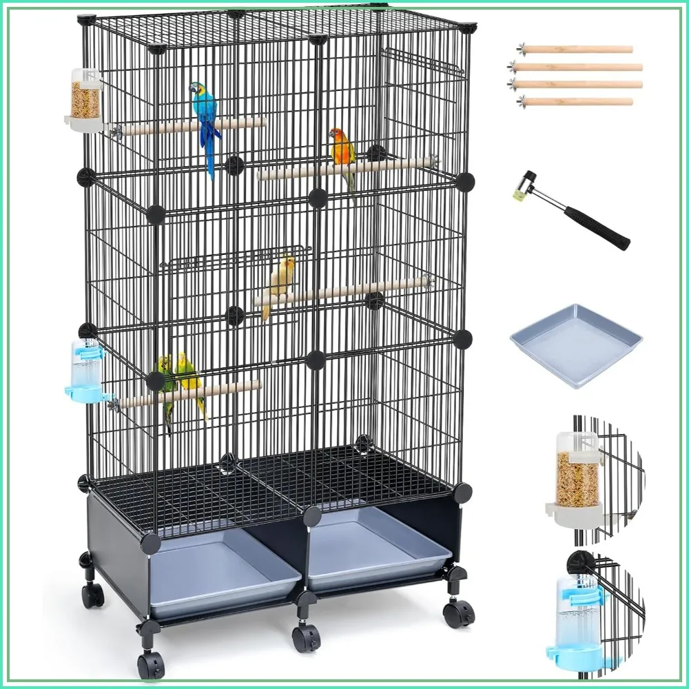 46-Inch Bird Cage for Parakeets, Cockatiels, Lovebirds, with Wooden Perches, Slide-Out Tray, Wheels