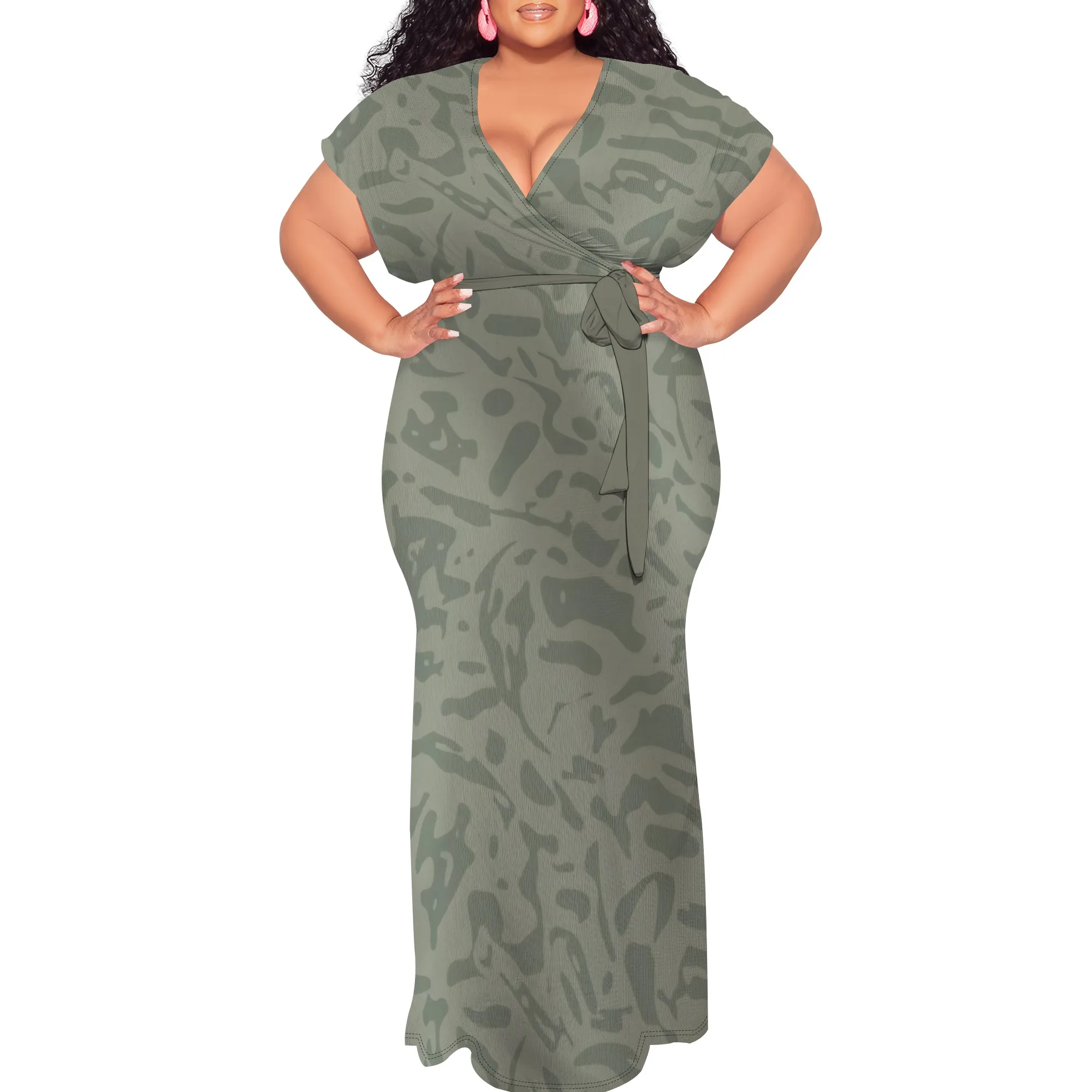 EQQZD V Neck Belted Floral Dress Women Short Sleeve Floor Length Casual Summer Style