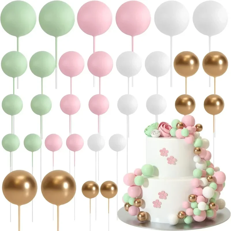 

20/32pcs Sage Green Brown Cake Topper Gold Foam Balls DIY Insert Cake Decoration For Baby Shower Birthday Party Cake Decoration