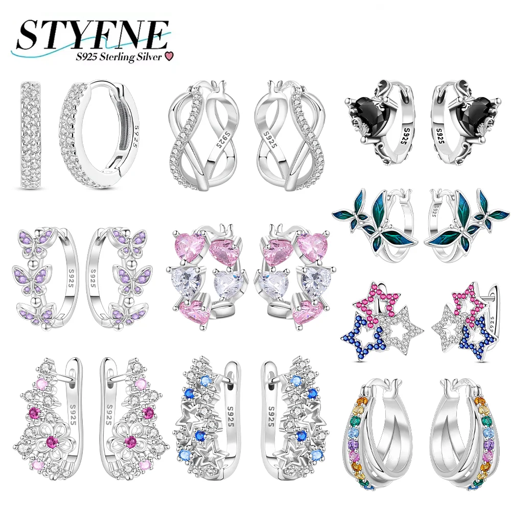 

Original 925 Silver Pink Zircon Flower Hoop Earrings Purple Butterfly Love Stars Earrings for Women Birthday Fine Jewerly Gift