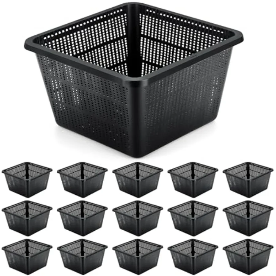 Hydroponics aquatic plant baskets: black plastic mesh, 9 x 9 x 5.2 inch square pond containers for island live aquarium botany