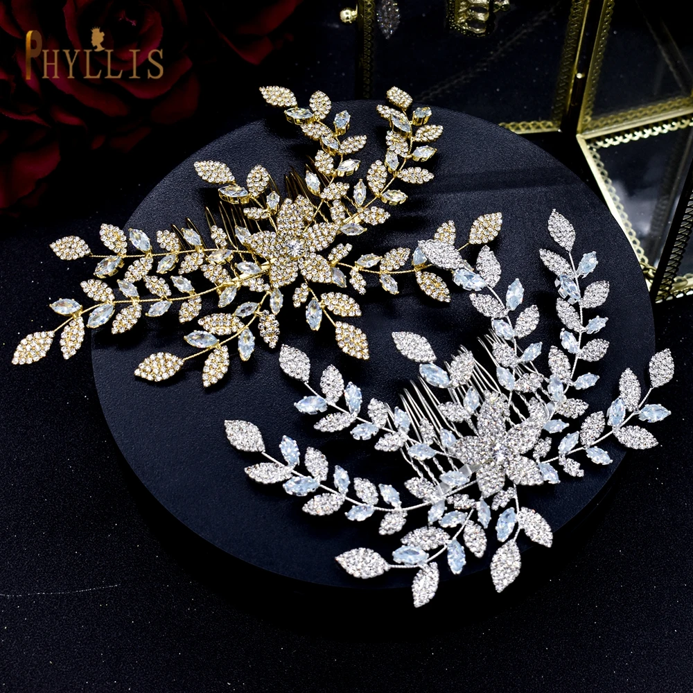 A53 Zircon Leaves Bride Hair Combs Bridal Tiara Wedding Hair Clip Women Headdress Wholesale Hair Ornaments Hair Vine for Brides