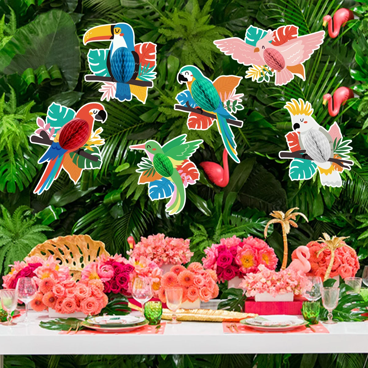 6Pcs/Set Tropical Hawaii Theme Toucan Bird Honeycomb Ball Garland Ornament for Summer Aloha Birthday Wedding Party Decoration