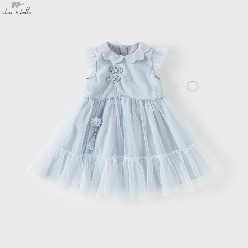 Dave Bella Girl Princess Dress Autumn Spring Kids Gentle Lace Mesh Dresses Cotton Outdoor Blue Sweet Children Clothing DB2251617