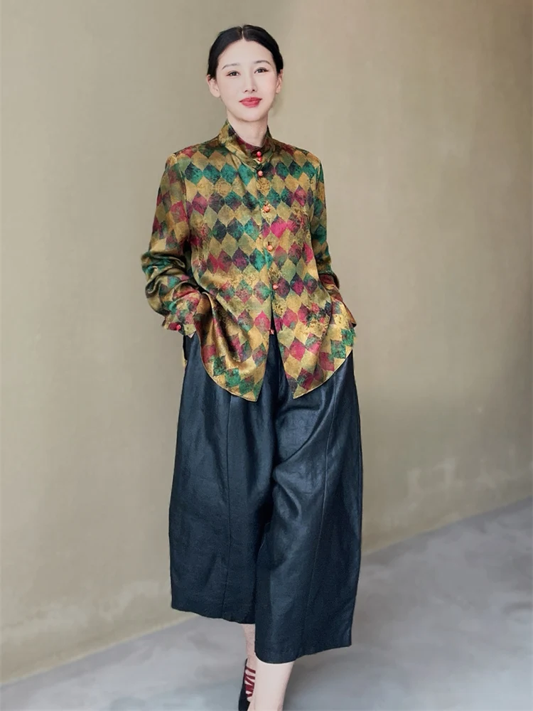 

Silk Chiffon Casual irt Women's Retro Plaid Print Versatile Long Sve Button up Stand Collar Windproof Regular Thin