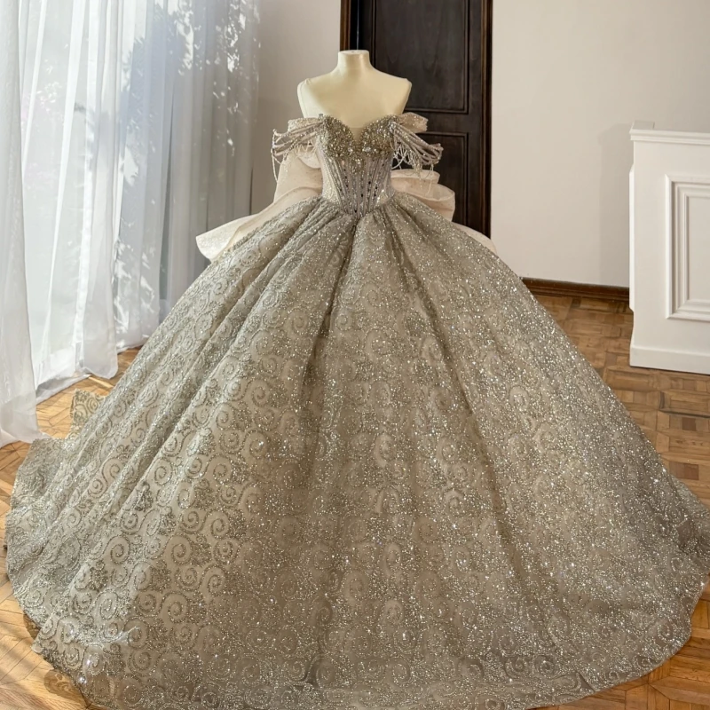 

Champagne Shiny Quinceanera Dresses Off The Shoulder Sequin Applique Lace Beading Bow Corset Party Birthday Sweet 16 Dress