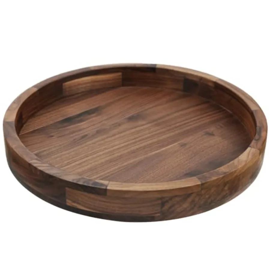 

12 Inches Small Round Black Walnut Wood Ottoman Tray with Handles Serve Tea Coffee Classic Wooden Decorative Serving Tray