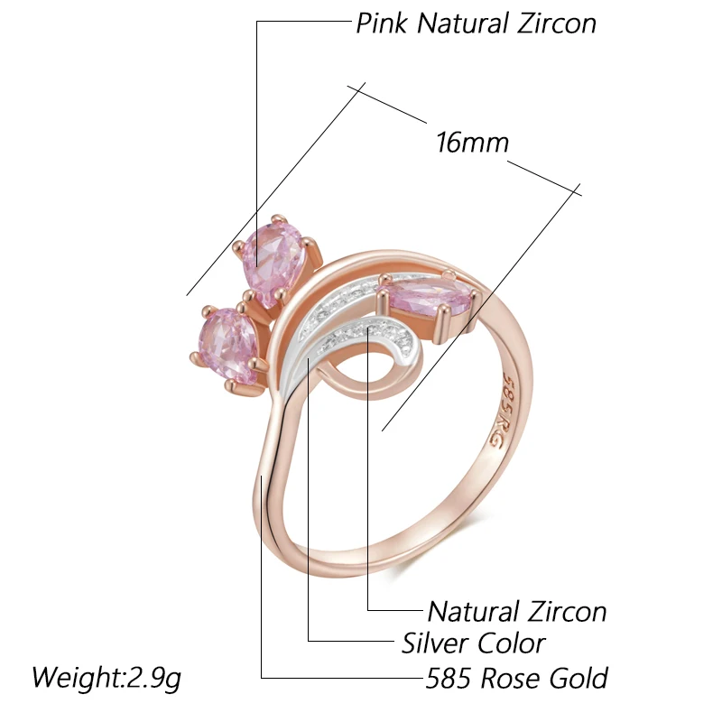 Kinel Hot Shiny Pink Natural Zircon Crystal Flower Ring For Women Fashion 585 Rose Gold Silver Color Mix Daily Ethnic Jewelry