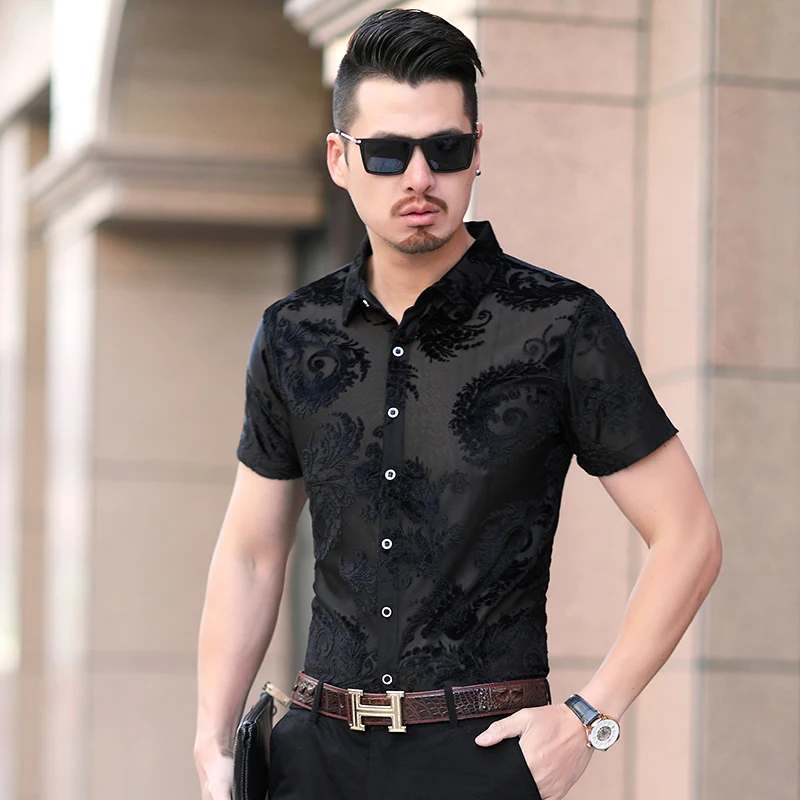 Wash And Wear Hollow High-End Luxury Short Sleeve Shirts For Men Summer Quality Velvet Smooth Comfortable Silky Camisa Masculina