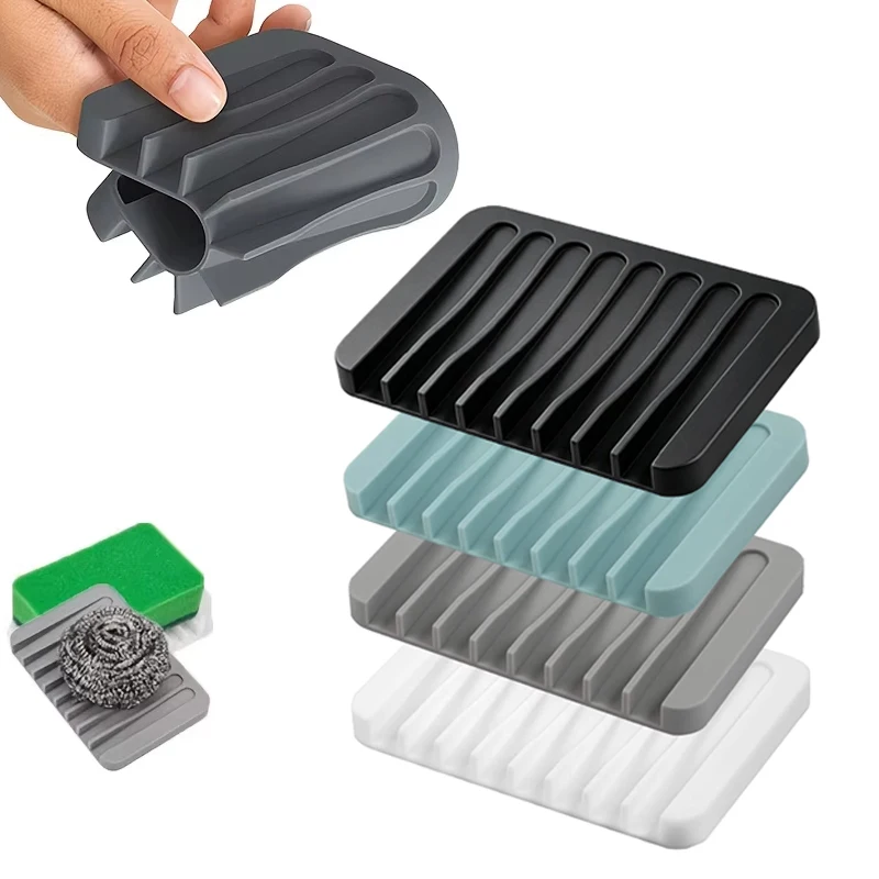 1 Pcs Self-Draining Soap Dish,Silicone Soap Holder,Multifunctional No-Punch Non-Slip Storage Rack Drain Mat for Bathroom Kitche
