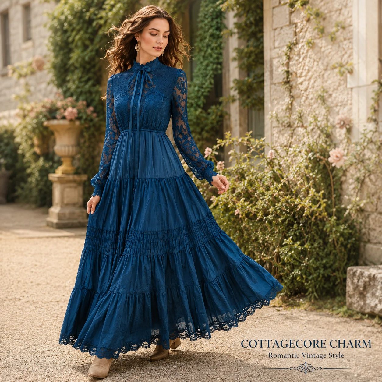 Women's Vintage Blue Lace Maxi Dress High Neck Long Sleeve Tiered Ruffle Cottagecore Prairie Elegant Wedding Guest Dress