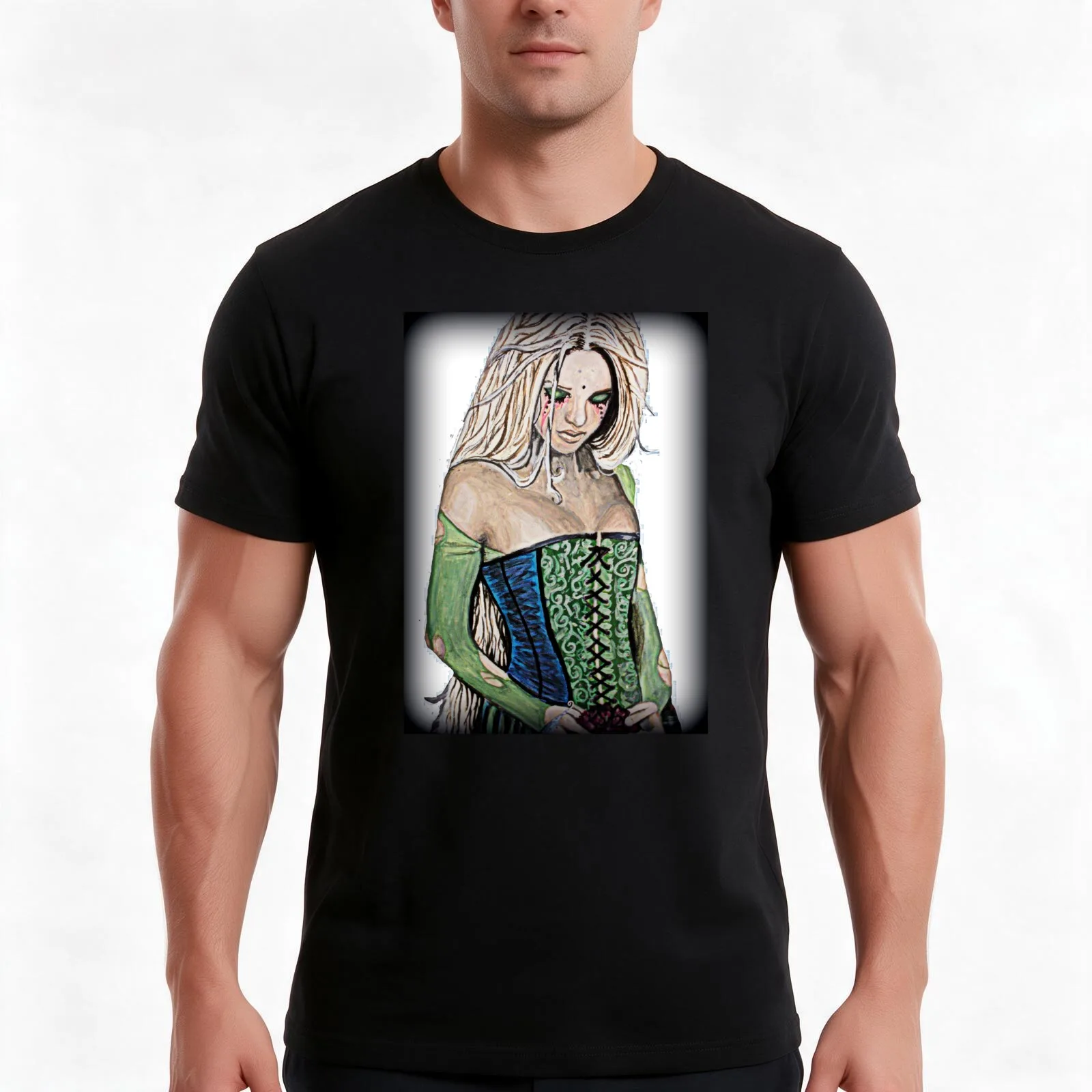 Camiseta de verão com estampa gráfica vintage de uma mulher misteriosa vestida com um vestido verde, estilo casual, de algodão, corte amplo, ideal par
