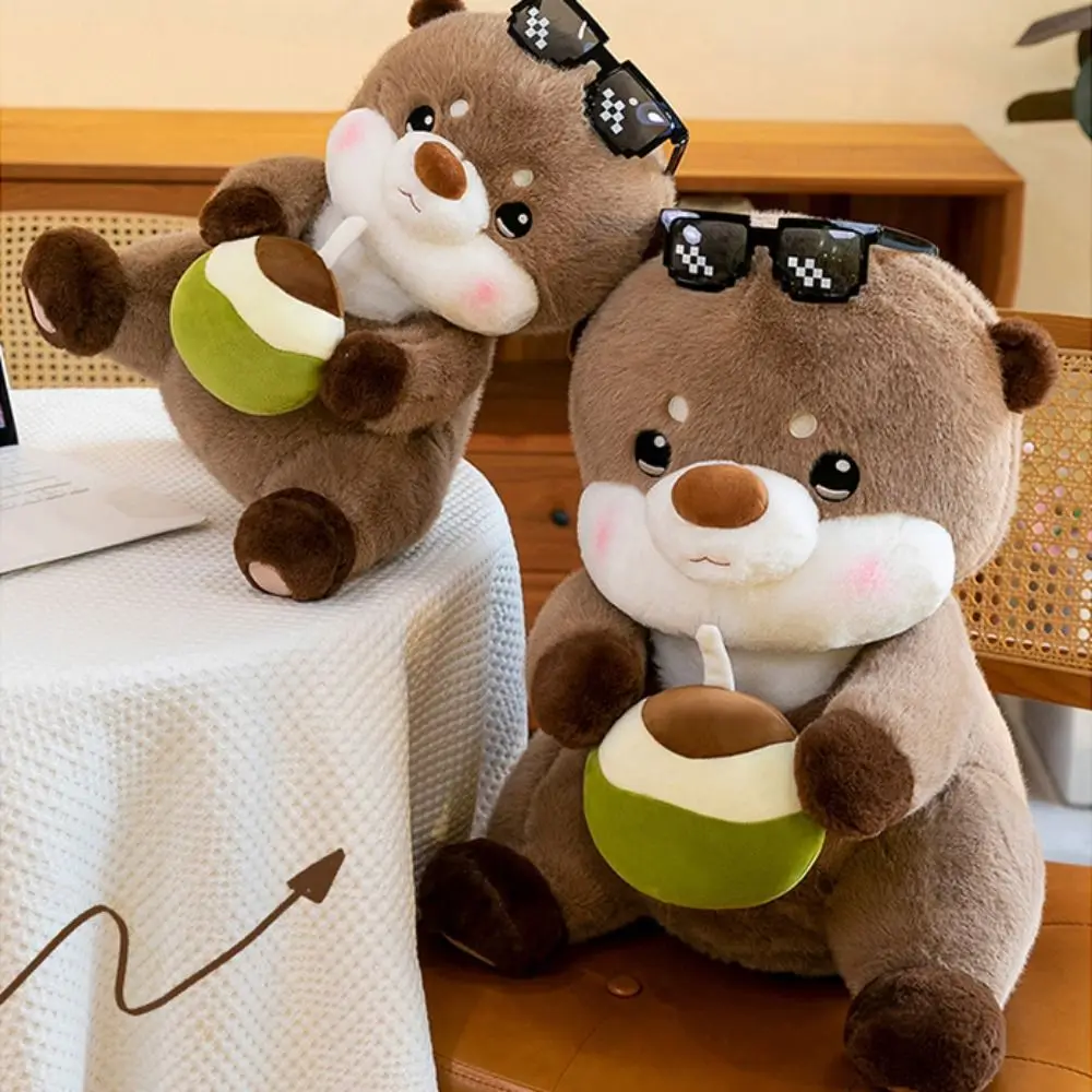 사랑스러운 음료 코코넛 주스 수달 장난감 시뮬레이션 룸 데코 바다 수달 부드러운 베개 만화 봉제 수달 인형