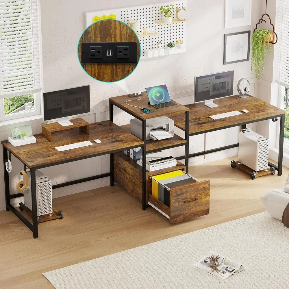 Home Office Desk, 2 Person Computer Desk with Letter/A4 File Drawer & Power Strip with USB, Long Desk with Storage