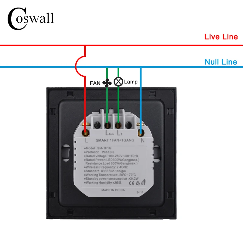 Glass Panel Wifi/Zigbee Smart Light Switch With Knob Fan Controller 300W Max. AC110-240V Digital LCD For Ceiling Fan Lamp