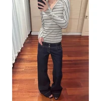 Women's American Blue Button Design Jeans Low Waist Straight Leg Loose Wide Leg Drapey Long Pants Y2K Style Slimming Denim - Image 4