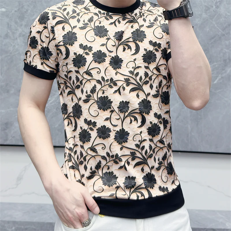 2024 Summer Thin Round Neck Men\'s T-shirts Retro Flower Jacquard Casual Elastic Tshirts Breathable Social Tee Tops Men Clothing