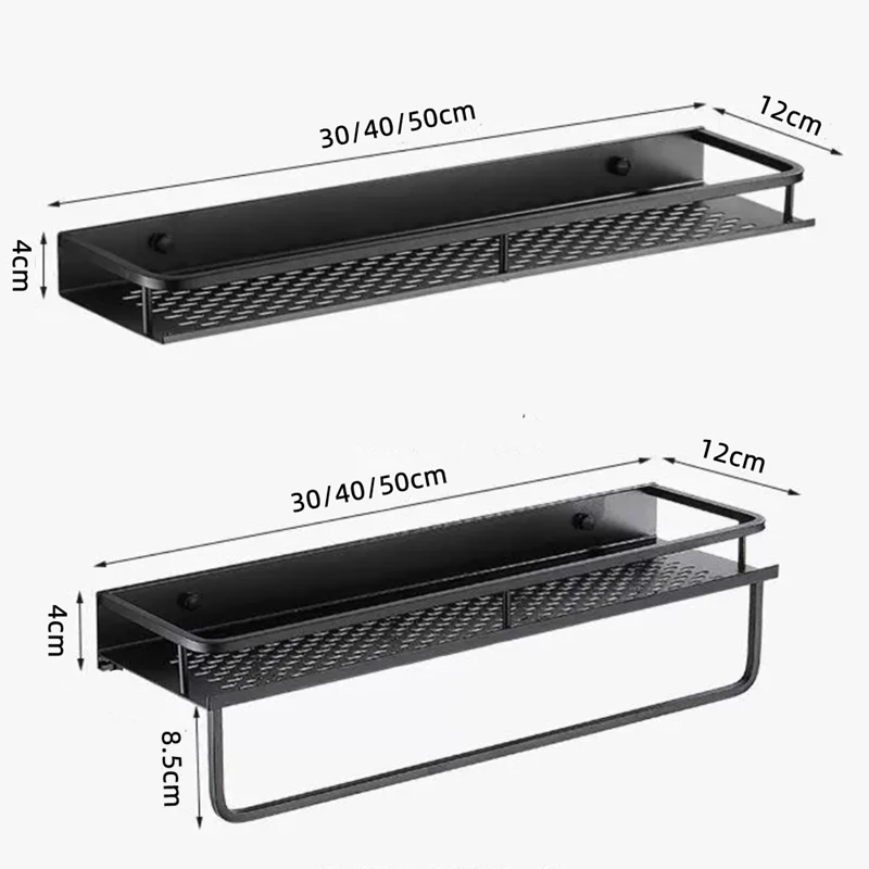 Bathroom Shelf Black Aluminum Shampoo Holder Wall-Mounted Square Cosmetic Shelf Kitchen Nets Shelf Storage Rack With Towel Rack