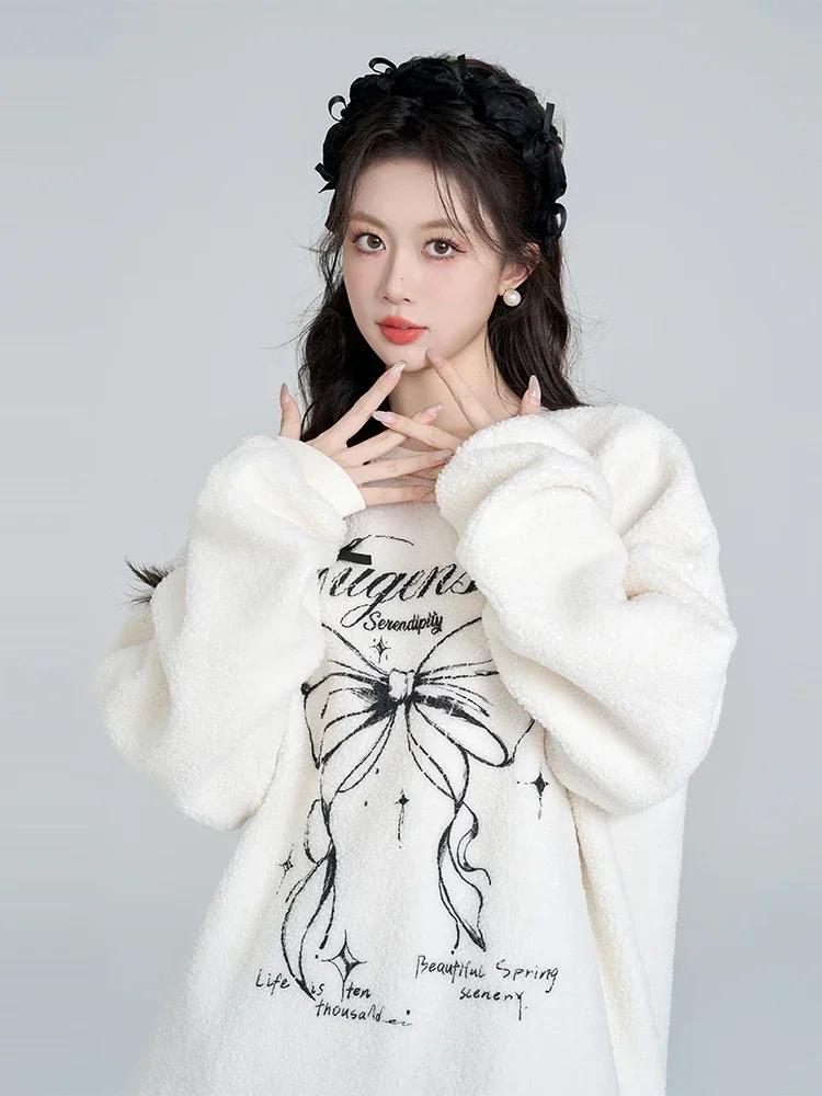 Highstreet Sweet Cool Y2K Tops Lace Splicing Bow Round Neck Long Sleeve Loose Casual Fleece Pullover Sweatshirts Women Winter