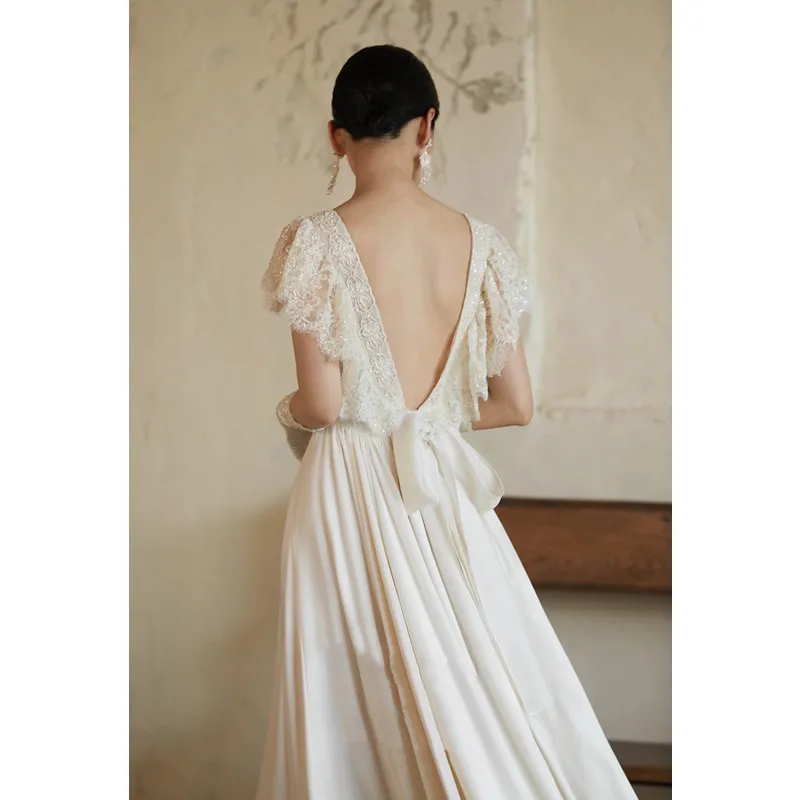 French Backless Square Neck Retro Simple White Slimming Trailing Bridal Wedding Dress Customized