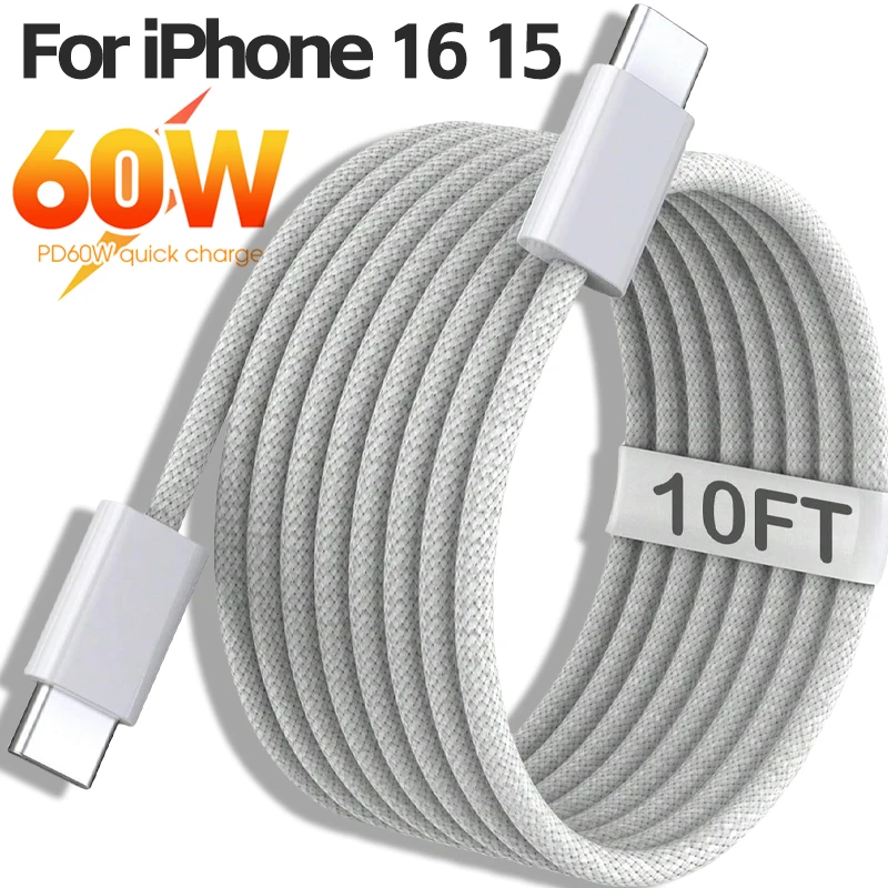 60W PD Braided USB-C to USB C Fast Charger Cable For iPhone 16 15 Pro Max Type C Quick Charging Data Cord For Xiaomi Samsung